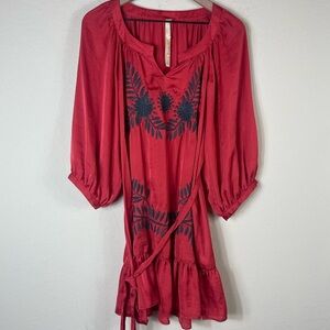 Uncle Frank Embroidered Long Sleeve Waist Tie Dress in Red Size Large